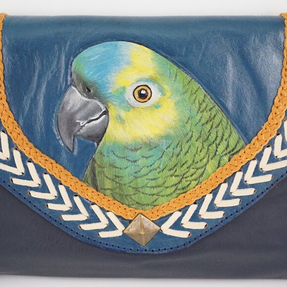 Handmade Hand Painted Leather Amazon Parrot Crossbody Wristlet Bag / Wallet - Picture 9 of 12